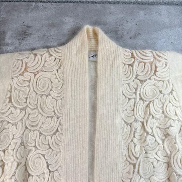 Vintage ivory angora blend cardigan scalloped sides womens size medium - Picture 2 of 9